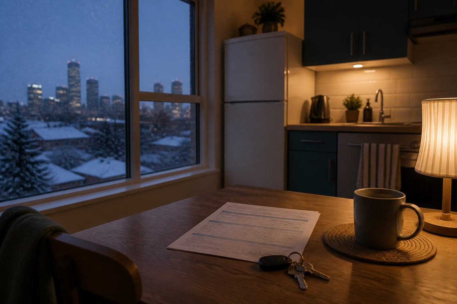 Edmonton apartment with evening lights and utility bill on table — understanding utility costs before you rent