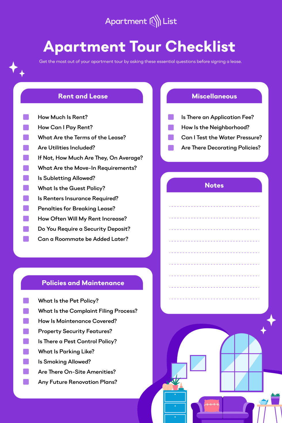 An apartment viewing checklist highlighting key items to inspect and questions to ask -- arriving prepared demonstrates seriousness to the landlord
