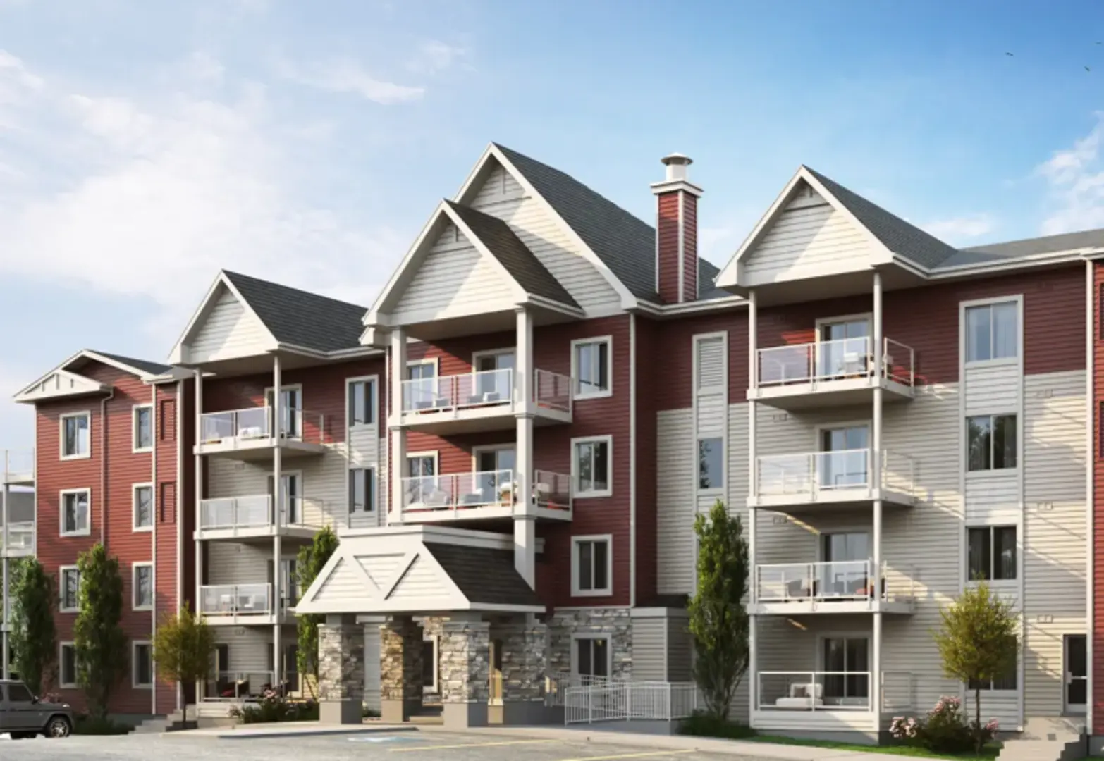 A modern Edmonton condominium building — condo rentals offer upgraded finishes and individual ownership, but come with additional bylaw obligations