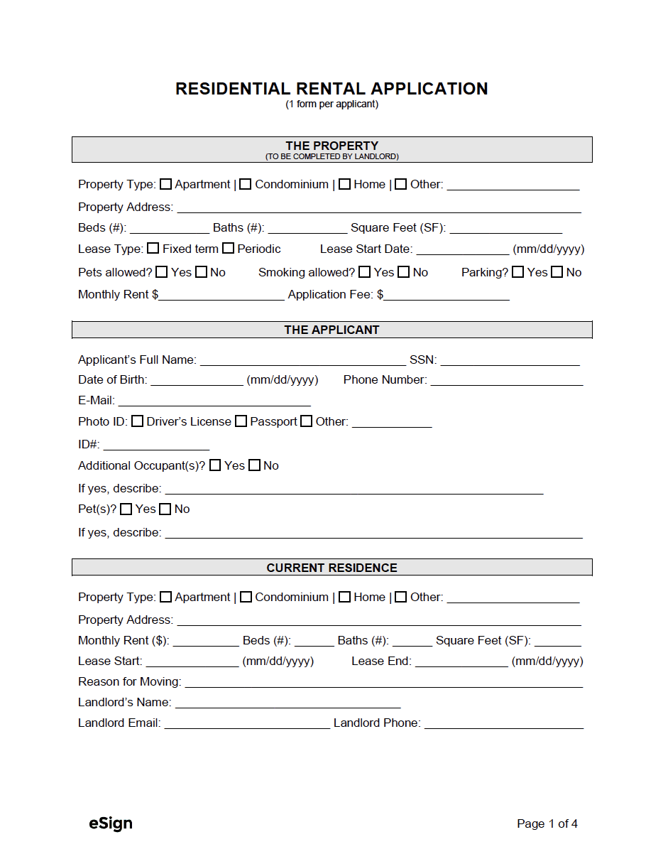 A sample rental application form showing the information landlords collect -- having all your details ready speeds up the approval process