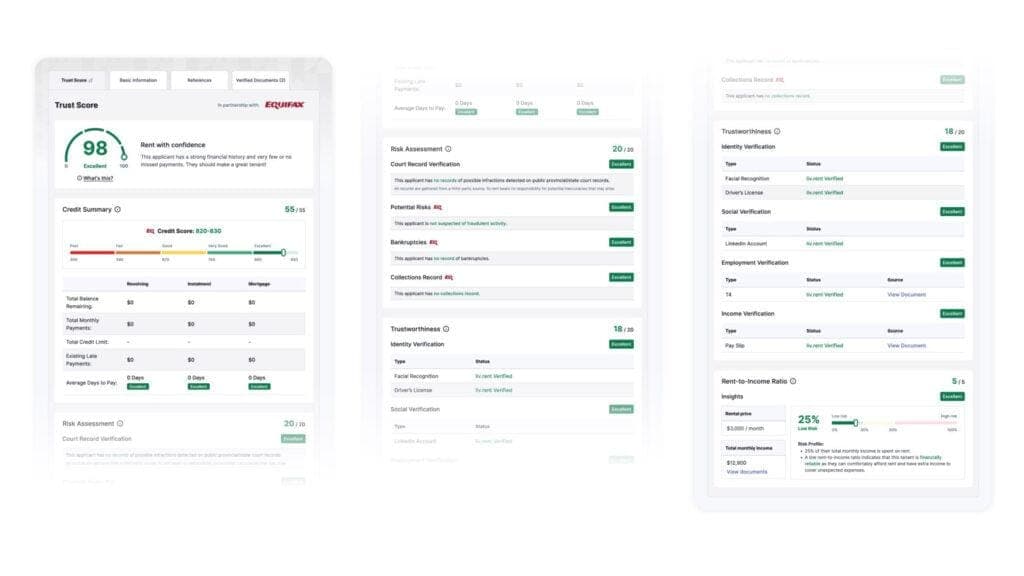 A tenant screening credit check dashboard showing a trust score and credit history -- this is what landlords see when they screen your application