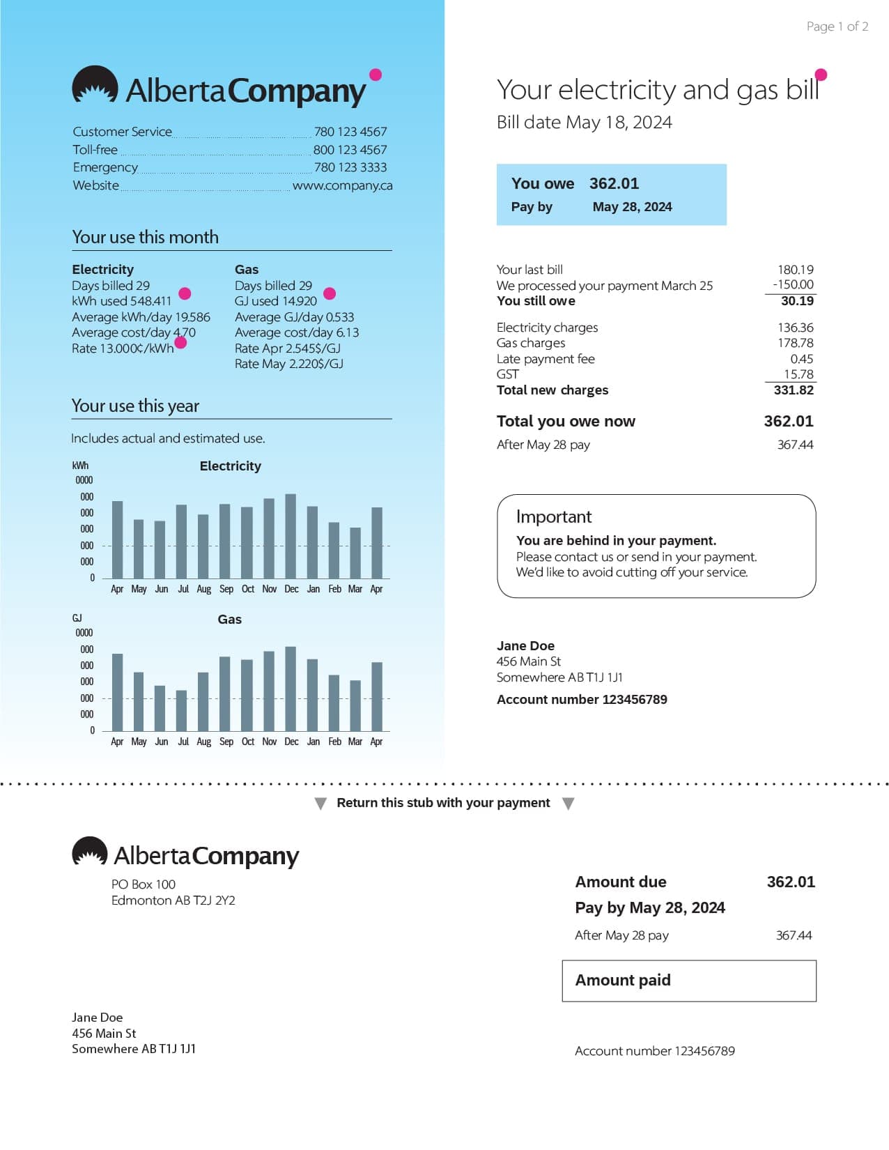 A sample Alberta utility bill showing the breakdown of energy charges and delivery fees — understanding this structure is essential for budgeting
