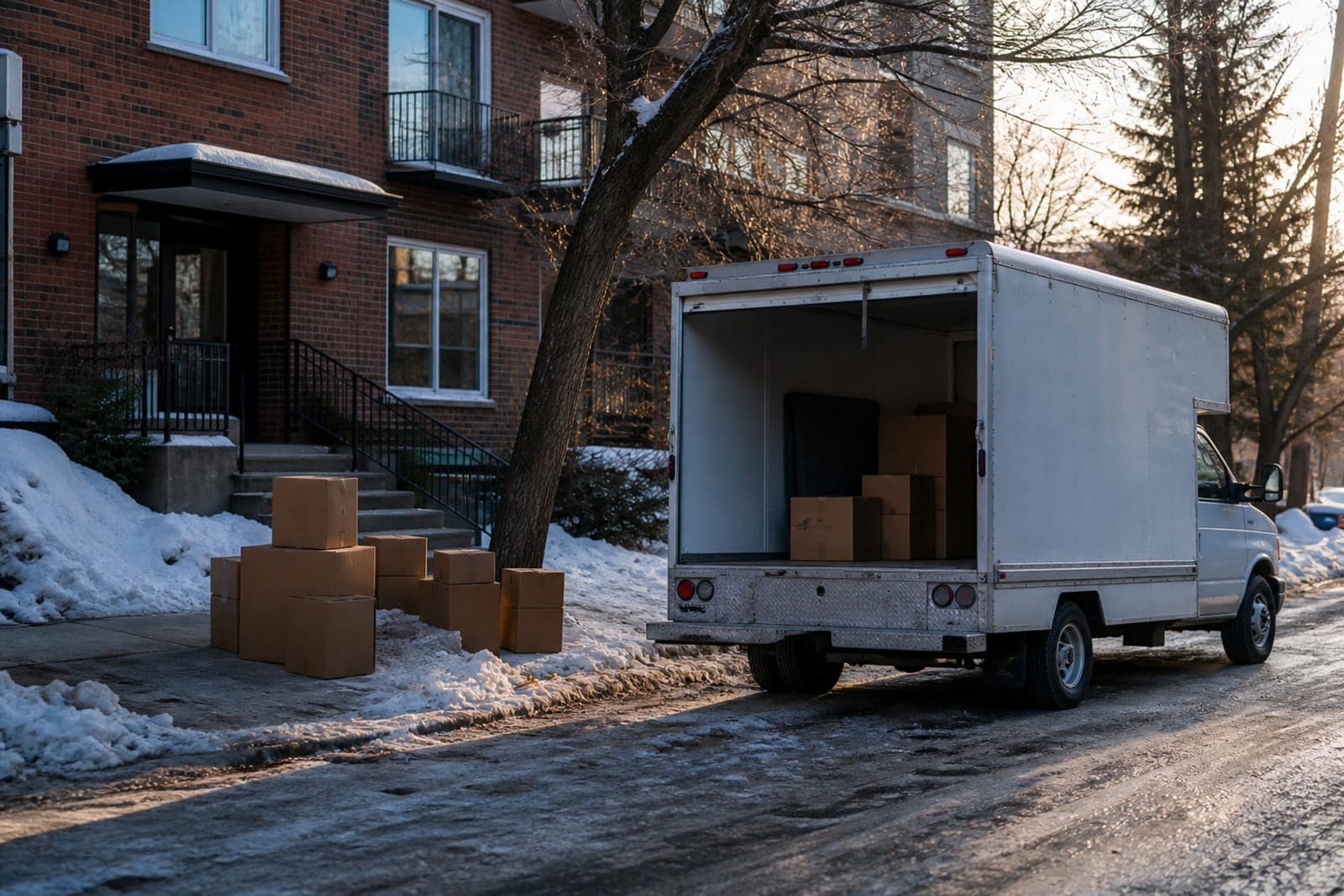 Edmonton winter moving day with truck and boxes in front of apartment building