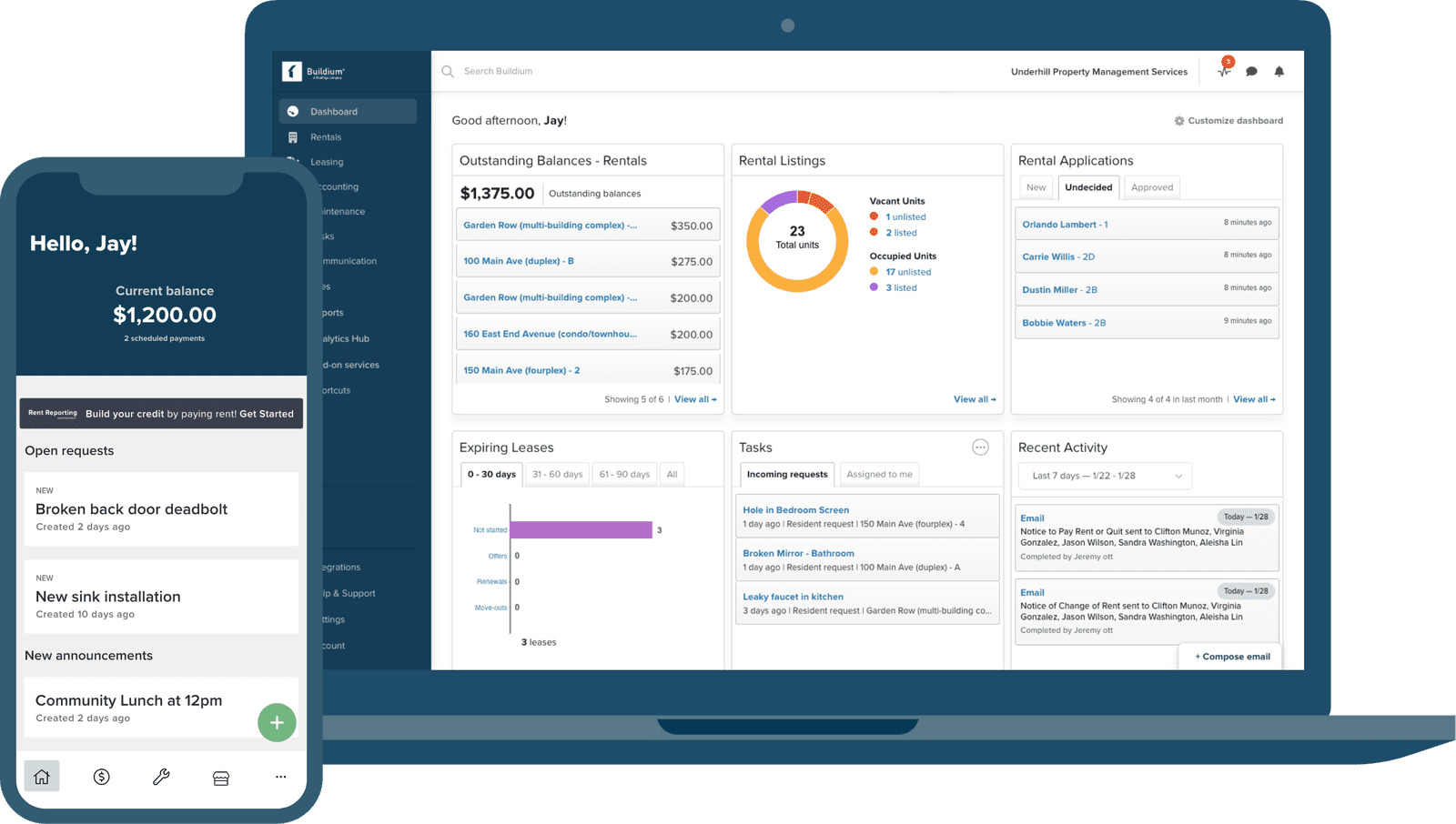Property management software dashboard and mobile app