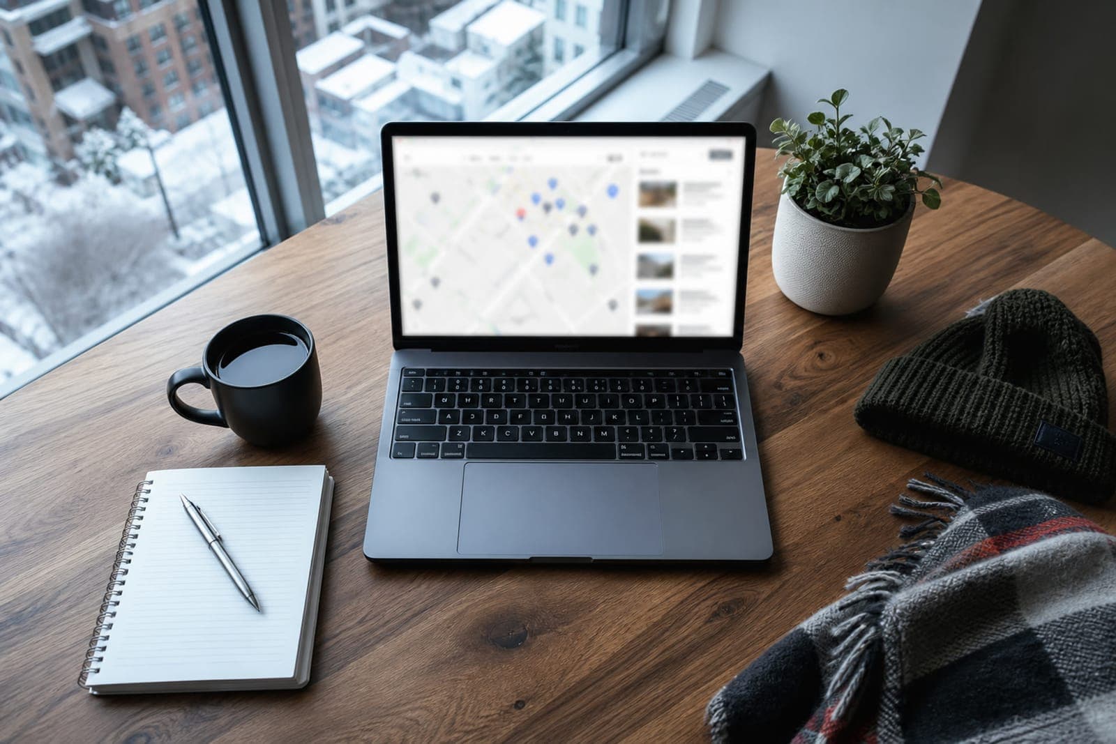 Laptop showing rental platform comparison on desk with Edmonton map
