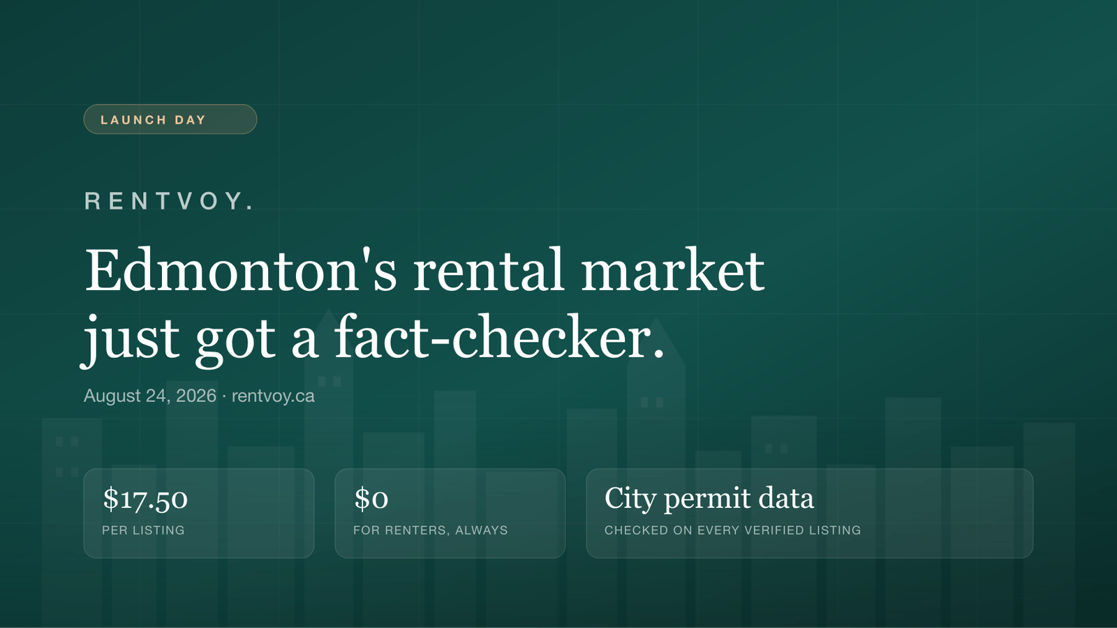 RentVoy launch day, August 24, 2026 — $17.50 per listing, free for renters, City permit data checked on every verified listing